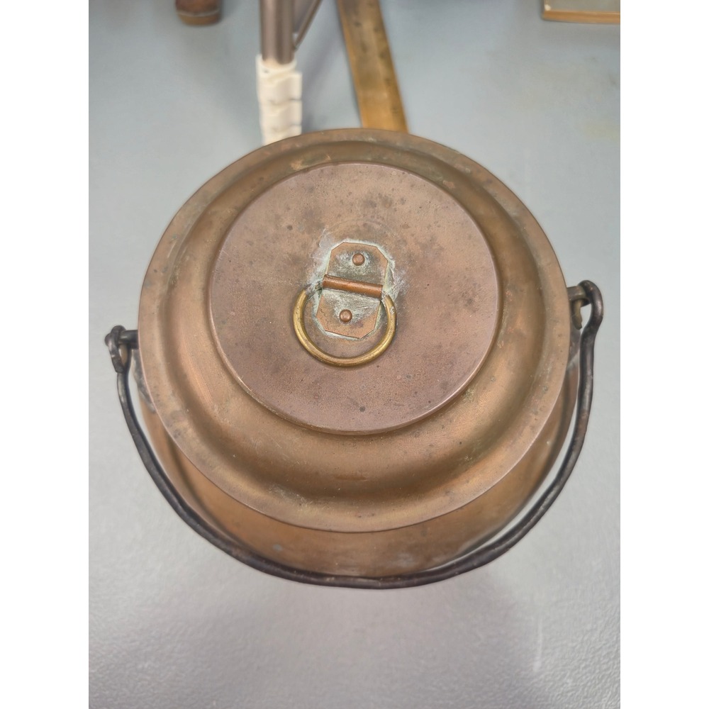 Antique Hammered Copper Pot with Lid Wrought Iron Handle Primitive Coal Bucket